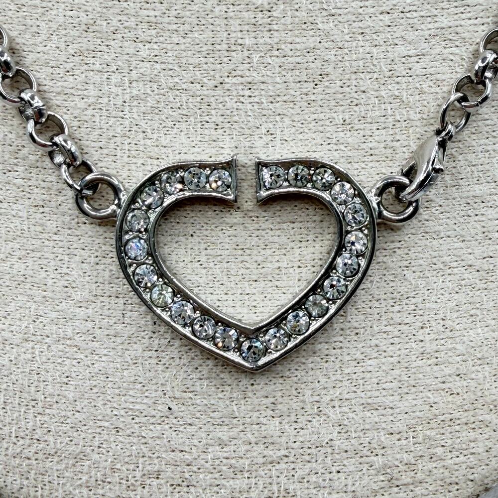 Crystal Open Heart Necklace 11" Silver Rolo Chain Y2K Rhinestone Heart Choker - Picture 4 of 5